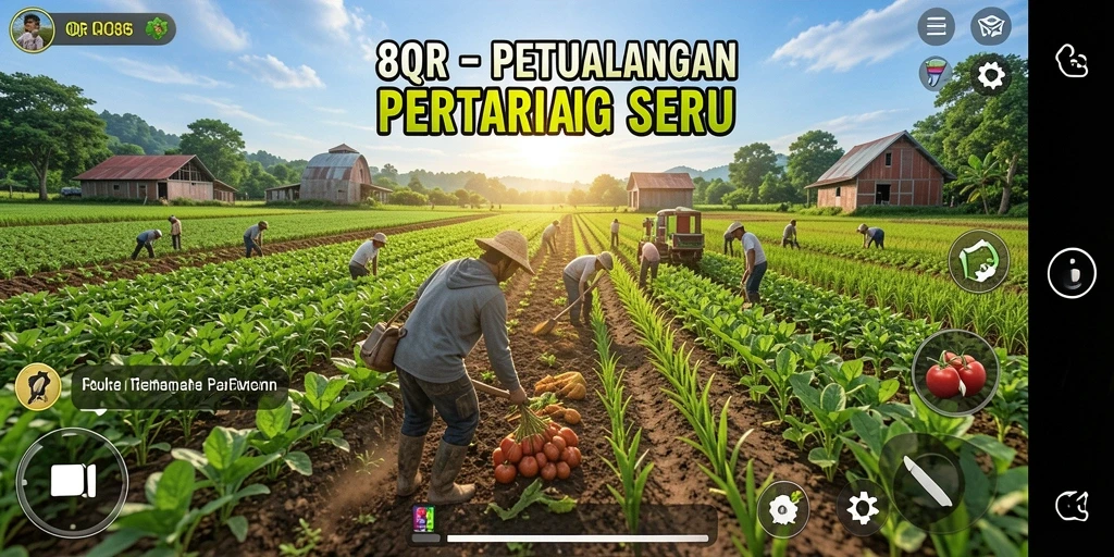 Screenshot gameplay 8QR menampilkan taman yang subur dan hewan ternak.