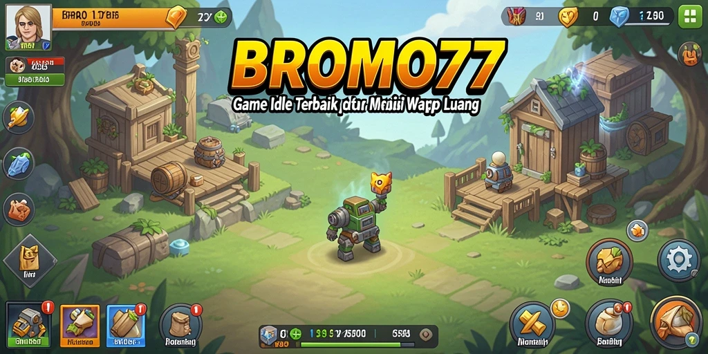 Screenshot gameplay <strong>BROMO77</strong> yang menunjukkan karakter sedang mengumpulkan sumber daya secara otomatis.