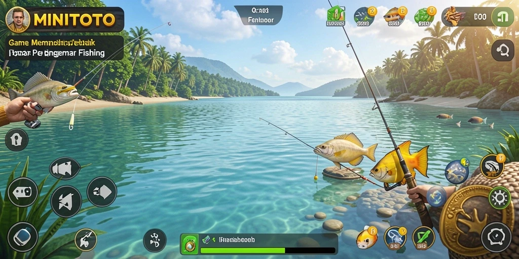 Tampilan gameplay MINITOTO menampilkan pemain yang asyik memancing ikan di danau.