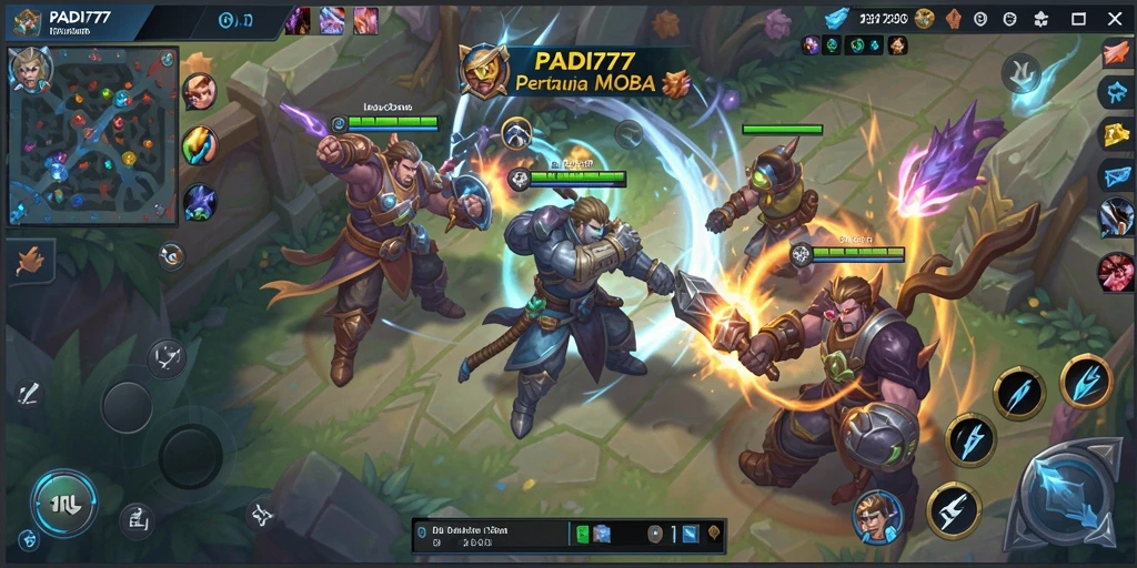 Tampilan gameplay PADI777 yang mendebarkan di arena pertarungan MOBA.