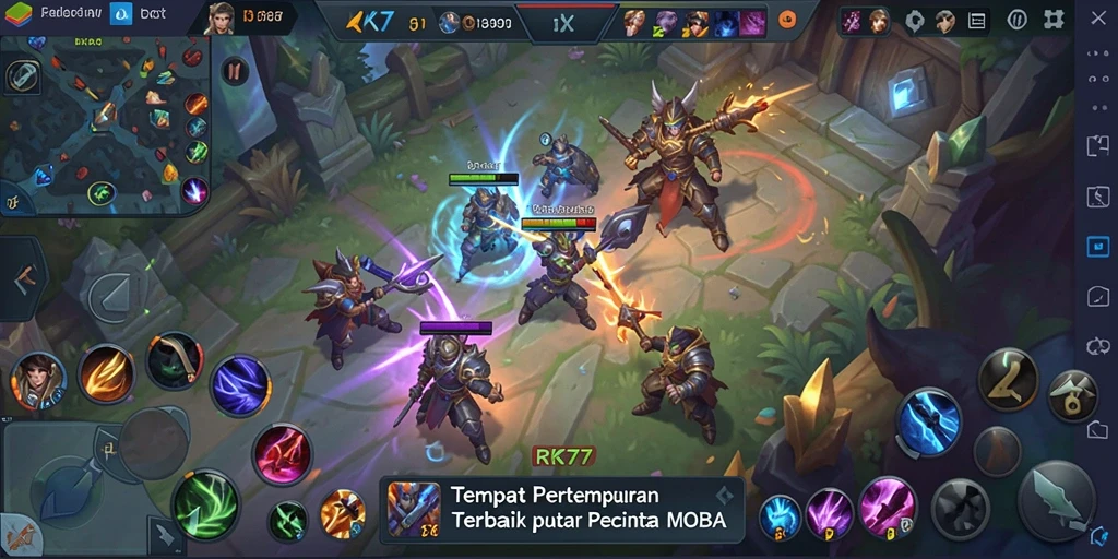 Screenshot RK77 menampilkan gameplay MOBA yang intens dan memukau.