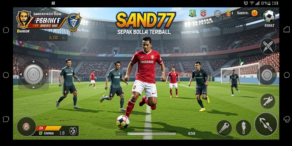 Tampilan utama SAND77 yang menunjukkan aksi sepak bola seru.